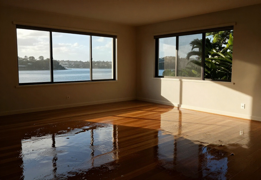 Flooded living room in Wentworthville home before restoration